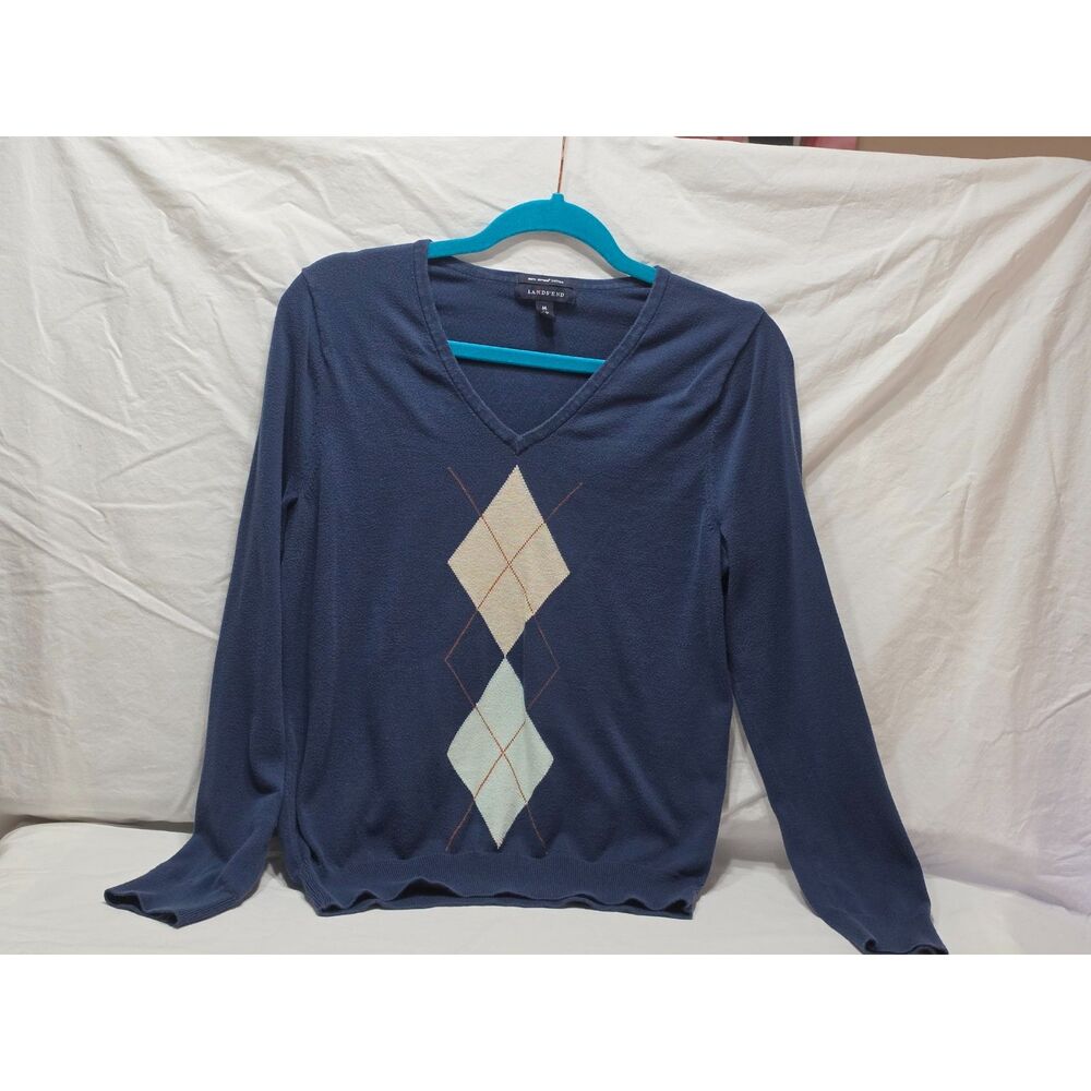Lands' End Blue Argyle V-Neck Pullover Sweater Medium Knit Classic Preppy